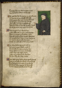 Portrait of Chaucer from a 1412 manuscript by Thomas Hoccleve, who may have met Chaucer Chaucer Hoccleve.png