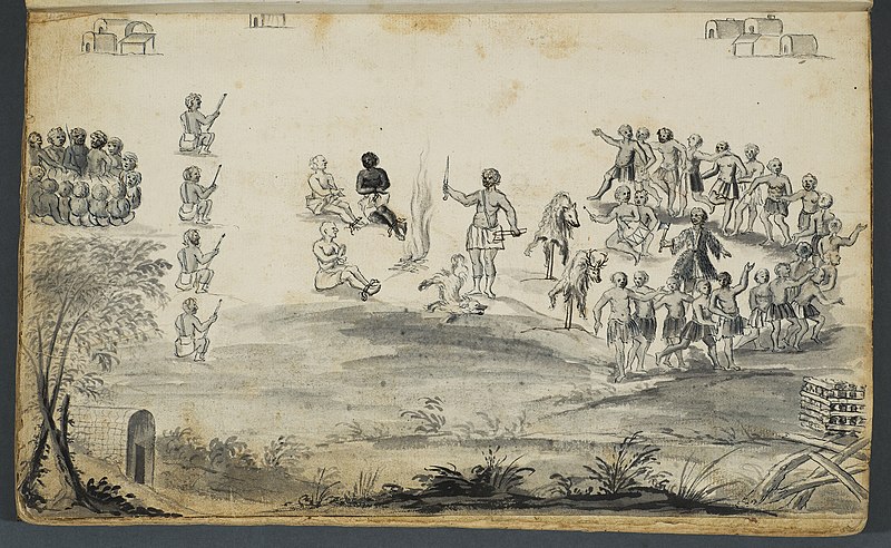 A drawing of Baron Christoph Von Graffenried and John Lawson held captive by the Tuscarora tribe.