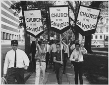 Marchers from The Church of the Savior, on the day of the March on Washington for Jobs and Freedom. Civil Rights March on Washington, D.C. (Marchers from the The Church of the Savior carrying banners.) - NARA - 542011.tif