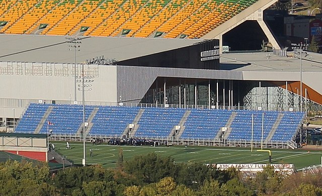 Clarke Stadium, with Commonwealth Stadium in the background. FC Edmonton play their home games at Clarke Field.