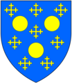 Arms of Coffin: Azure crusily of cross crosslets or, three bezants