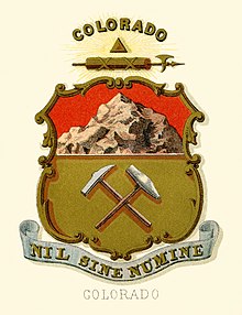 The Coat of Arms of the State of Colorado as illustrated in 1876. Colorado state coat of arms (illustrated, 1876).jpg