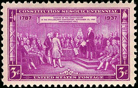 U.S. Postage, Issue of 1937, depicting Delegates at the signing of the Constitution, engraving after a painting by Junius Brutus Stearns[134]