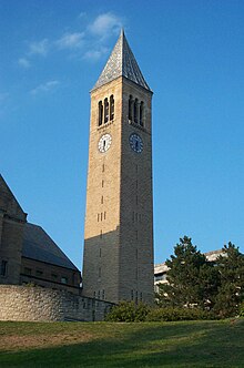 One of Cornell University's most recognizable buildings, Jennie McGraw Tower is at the top of Libe Slope on Central Campus Cornell Mcgraw USA.jpg