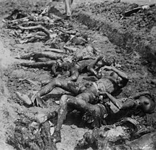 Aftermath of the Mergosono massacre in Malang, July 1947 Corpses of murdered Chinese in a mass grave. Killed by Indonesian Republican troops Malang July 1947 Indonesian war of independence.jpg