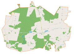 Mapa konturowa gminy Dłutów, blisko lewej krawiędzi na dole znajduje się punkt z opisem „Drzewociny”