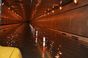 The Queens–Midtown Tunnel is seen flooded in the aftermath of Hurricane Sandy.