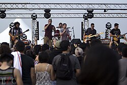 Dance Gavin Dance performing at Never Say Never Festival 2015. Dance Gavin Dance, 2015.jpg