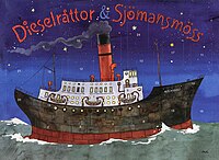 Papperskalendern föreställandes skeppet M/S Fideli ute till sjöss under stjärnklar himmel med texten "Dieselråttor & sjömansmöss" ovanför