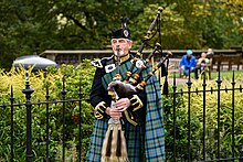 The Bagpipes are an instrument largely associated with Scotland, and an early example of popular Scottish music Edinburgh Scottish bagpiper (49552292312).jpg