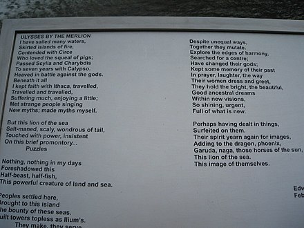 Edwin Thumboo's poem on display beside the Merlion statue