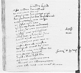 The opening lines of the poem in Llyfr Ficer Woking, a 16th-century manuscript (MS C 2.114) held in Cardiff Central Library Ei Gysgod.jpg