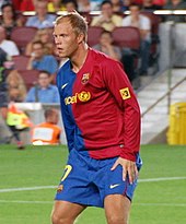 Eidur Gudjohnsen (pictured playing for Barcelona in 2008) played ten matches in a Fulham shirt in his one-season spell with the club in 2011. As of August 2019, Gudjohnsen sits joint fourth on his country's record appearance list and is Iceland's all-time top scorer with 26 goals in 88 games. Eidur Gudjohnsen.jpg