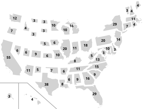 The 50 states plus DC, scaled according to the number of electors in each state