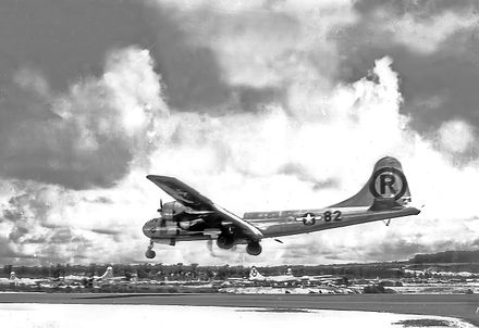 The Boeing B-29 Superfortress "Enola Gay" landing at Tinian after returning from the atomic bombing mission on Hiroshima, Japan