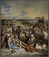 Eugène Delacroix, Massacre at Chios, 1824, 419 cm × 354 cm, Louvre. This painting springs directly from Géricault's The Raft of the Medusa and was painted in 1824, the year Géricault died.[91]
