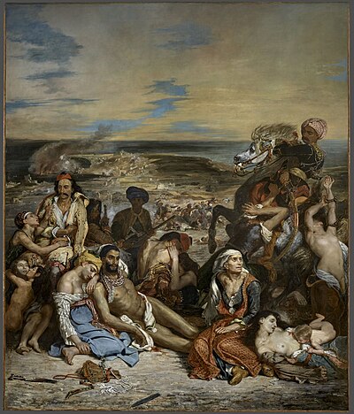 The Massacre at Chios by Eugène Delacroix. This, and the works of Lord Byron, did much to draw the attention of mainland Europe to the catastrophe that had taken place in Chios (1824, oil on canvas, 419 cm × 354 cm (165 in × 139 in), Musée du Louvre, Paris).