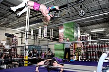 Evan Golden performs a top rope moonsault in 2023 Evan Golden performs a top rope moonsault onto Jeff Connelly in 2023.jpg