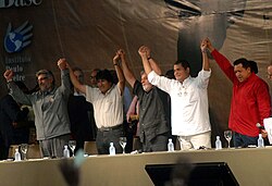 Chavez (far right) with fellow Latin American leftist presidents in 2009 (from left to right: Paraguay's Fernando Lugo, Bolivia's Evo Morales, Brazil's Lula da Silva and Ecuador's Rafael Correa) Forum Social Mundial 2008 - AL.jpg