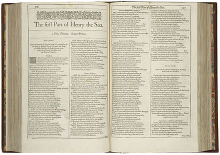 First page of The first Part of Henry the Sixth from the First Folio (1623)