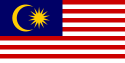 A blue rectangle with a gold star and crescent in the canton, with 14 horizontal red and white lines on the rest of the flag