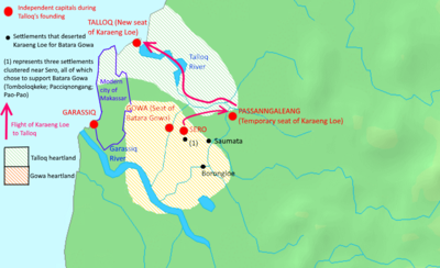 Die Entstehung des Reichs Tallo durch die Wanderung des Karaeng Loe Ri Sero nördlich von Makassar am Ende des 15. Jahrhunderts. Der im Süden durch die Stadt Makassar fließende Fluss Jeneberang hieß in der Zeit noch Garassi.