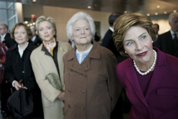 First ladies (from left to right) Rosalynn Carter, Sen. Hillary Clinton, Barbara Bush and first lady Laura Bush at the opening of the Clinton Presiden