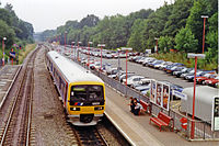 Gerrards Cross station, in 1994. The view NW from the footbridge, towards Princes Risborough Gerrards Cross station geograph-3560419-by-Ben-Brooksbank.jpg