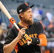 Hunter Pence hit a 2-run home run in the top of the 1st inning. Giants outfielder Hunter Pence works out before the NL Wild Card Game.jpg