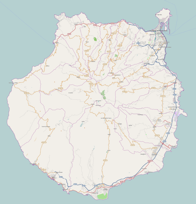 Mapa konturowa Gran Canarii, u góry po prawej znajduje się punkt z opisem „Las Palmas de Gran Canaria”