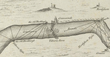 Engraving from 1588 showing the defences along the River Thames; Milton Blockhouse is to the left of centre, marked as "the old Blockhouse" Gravesend defences 1588 Thamesis Descriptio.png