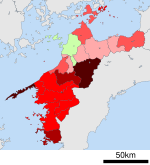 Growth rate map of municipalities of Ehime prefecture, Japan