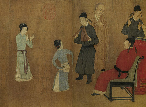 Details from the Southern Tang/Song dynasty painting "Night Revels of Han Xizai" by Gu Hongzhong, depicting the dancer Wang Wushan (王屋山) performing the Green Waist Dance from the Tang dynasty.  The dance was also called Liuyao (六么) as it is similar in pronunciation to Green Waist (Luyao, 綠腰).