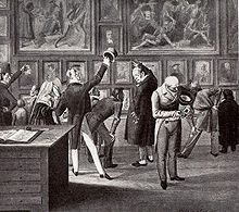 Visitors to the art collection in the Haus zur Mucke, 1837. The guided tours were given by the caretaker. Hess Haus zur Mucke 1837.jpg