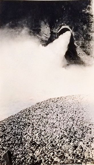 Water flowing out of a spillway at Horse Mesa, circa 1940 Horse Mesa Dam Spillway.jpg