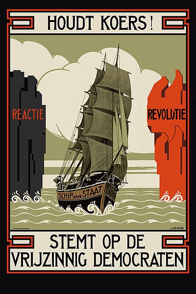 1922 poster created by the VDB. "Houdt Koers" means "Hold Firm". In the image the "Ship of State" avoids smashing on the rocks of revolution and react