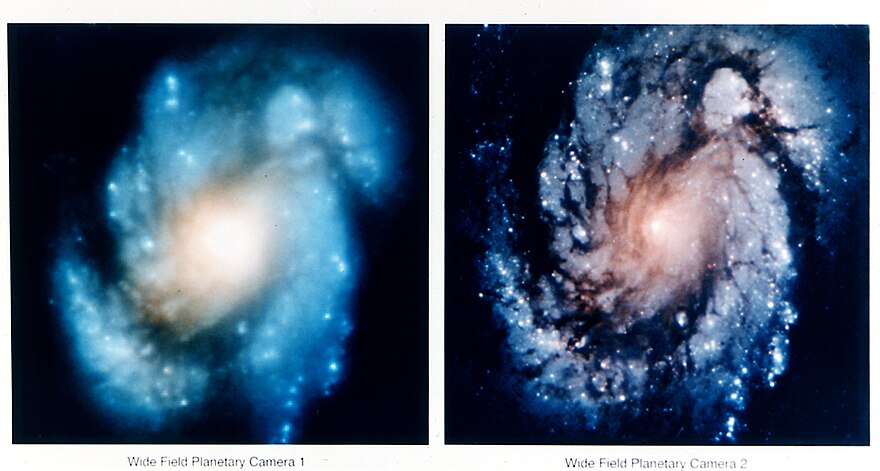 On the left, an un-corrected WFPC image of M100 in November 1993, next to an image by its replacement instrument with corrected optics