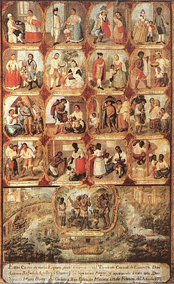 Single canvas depiction of the casta system of racial hierarchy in eighteenth-century Mexico, by Ignacio Maria Barreda. Most sets of casta paintings were individual canvases showing only one family. Ignacio Maria Barreda - Las castas mexicanas.jpg