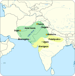 Territori (verde) ed espansione (giallo) del regno indo-scitico nella sua massima estensione.