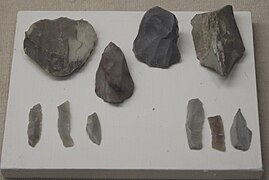 Outils en pierre taillée provenant du site d'Abu Sif : microlithes, lamelles à dos, perçoirs, grattoirs, nucléus. Natoufien récent. Musée d'archéologie nationale.