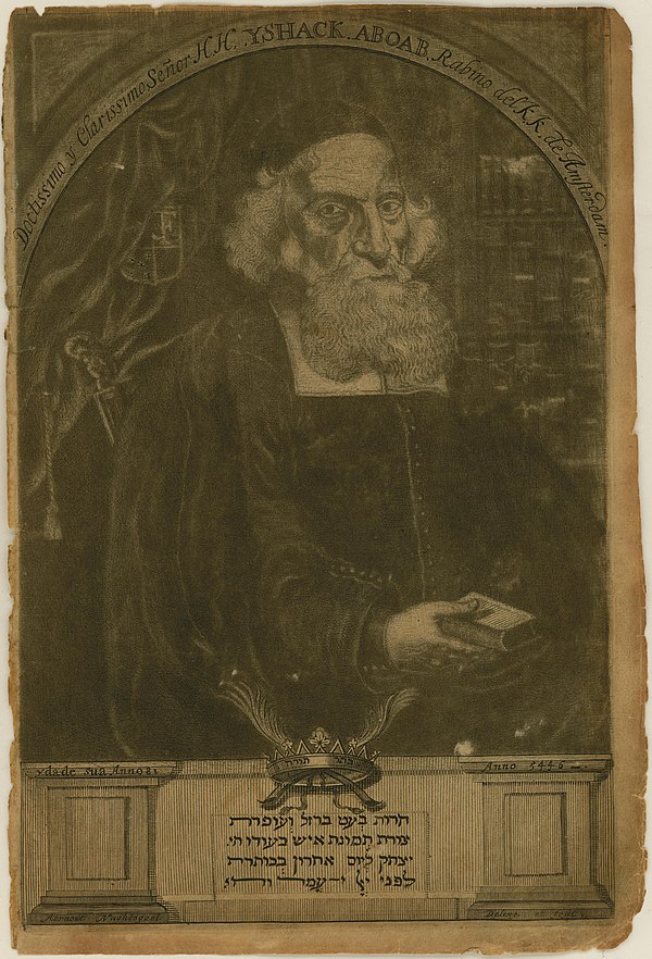 Portrait of Rabbi Isaac Aboab da Fonseca. This work is a translation of the Pentateuch into Spanish, with a commentary by Rabbi Fonseca. It was prepar