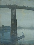 Vista nocturna azul y dorada: Puente Old Battersea, obra de Whistler (hacia 1872-1875).