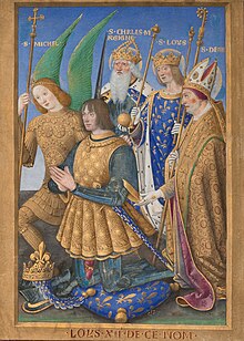 Louis XII of France Kneeling in Prayer, with Saints Michael, Charlemagne, Louis, and Dennis, Getty Museum. Inscribed (literally) "Louis XII of this name: it is made at the age of 36 years". Jean Bourdichon (French - Louis XII of France Kneeling in Prayer - Google Art Project.jpg