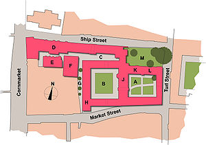 A map of two adjoining quadrangles of buildings (on an island to the north of Market Street, to the west of Turl Street, to the east of Cornmarket Street and to the south of Ship Street). The first quadrangle, on the right, includes the Principal's lodgings and the chapel; the hall is between the quadrangles, and the second quadrangle includes the Fellows' Library; to the north of the second quadrangle, a third area, long and thin, includes rooms such as the Junior Common Room and the Old Members' Building