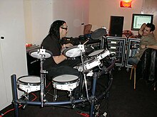 Davis and Toby Wright, composing on the road for the Queen of the Damned film soundtrack backstage at Wembley Arena, London, 2000 Jonathan Davis of Korn, Queen of the Damned film soundtrack, May 2000.jpg