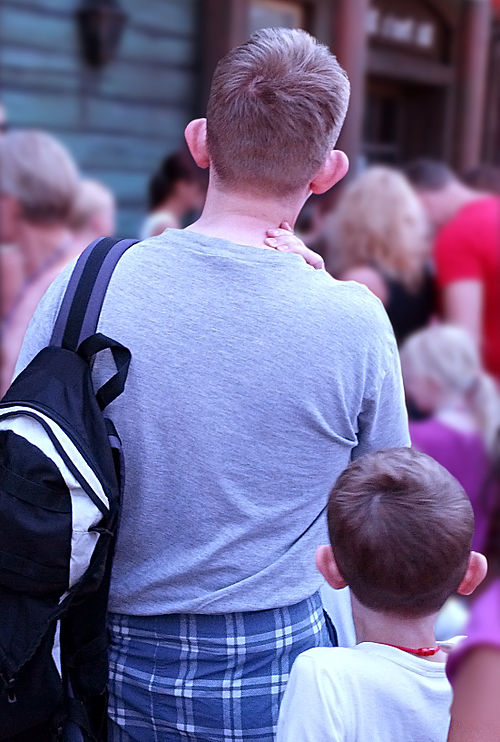 Heredity of phenotypic traits: a father and son with prominent ears and crowns.