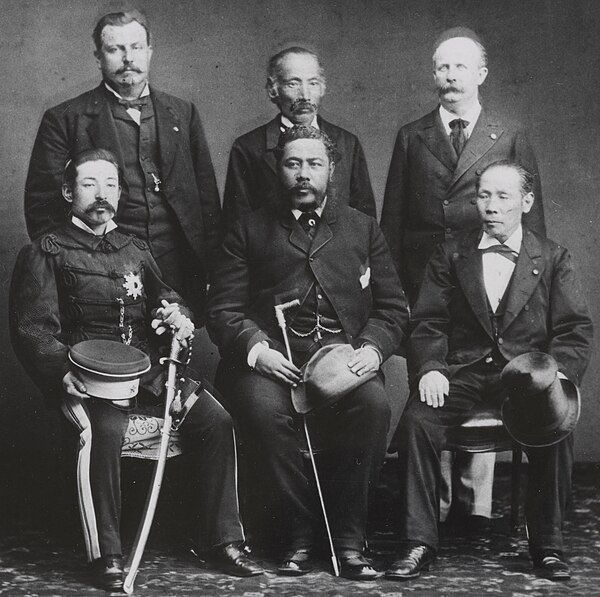 (top row L-R) Col. Charles Hastings Judd, Jugai Tokuno Riyosaki, and William N. Armstrong, (bottom row L-R) Prince Higashifushimi Yoshiaki, King Kalak