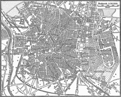 1888年にドイツで出版されたマドリードの地図。アトーチャ駅(右下)が当時のマドリード市街地の南東の縁に造られたことがわかる。