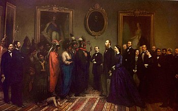 A delegation of the Kickapoo people being received at the royal court. Kickapoo Visit to Maximilian.jpg