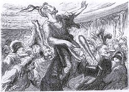 Desfile grotesco de la celebre société festive et carnavalesque de los Flambards en el baile de la Ópera dado en la Mi-Carême de 1868, vista por Daumier[11]​